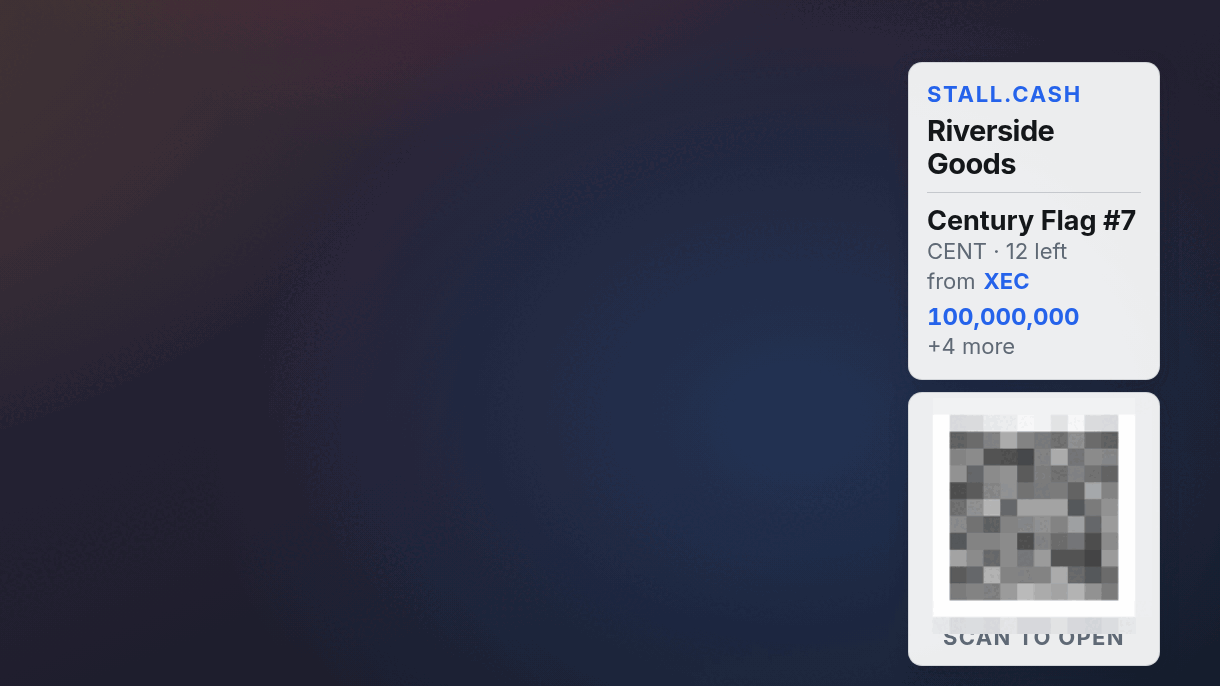 An example overlay on a sample stream: the shop's name and one listing on a card, and a QR that opens the stall